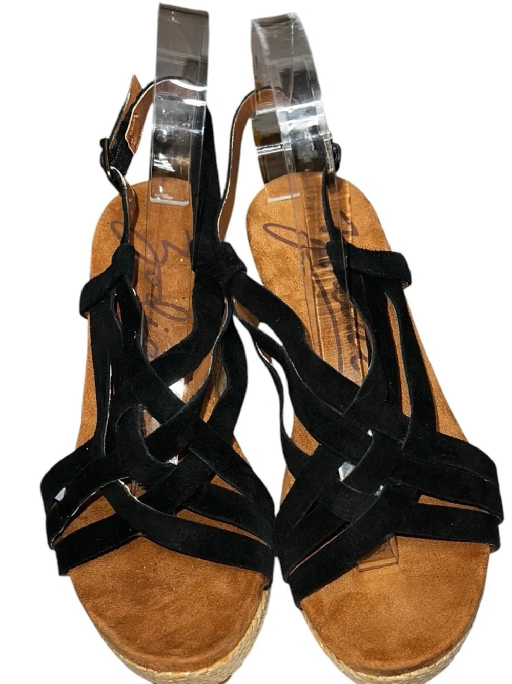 🌻LIKE NEW Zodiac Petra Black Suede Wedge Sandal Slingback Platform Open Toe 8.5